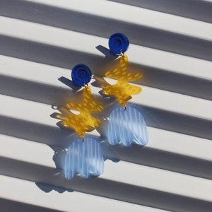 Abstract Stem Earring - Blue & Yellow Statement Earrings - Floral Earrings - Art Jewellery - Acrylic Earrings - Colourful Laser Cut Jewelry