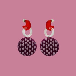Polka Dot Drop Earrings - Mod Earrings - Purple & Red Statement Earrings - 60s Earrings - Patterned Earrings - Gift for Mum