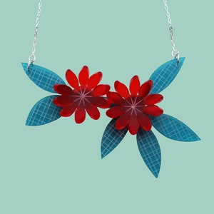 Personalised acrylic floral necklace - Red and Teal Statement necklace - Daisy floral necklace - Laser cut jewellery - Gift for her