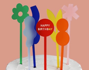 Colourful Art Inspired Cake Topper Set- Personalised Birthday Cake Decoration - Party Drink Stirrers - Rainbow Birthday Topper - Kids Cake