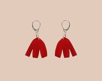 Abstract Style Red Acrylic & Silver Hoop - Sterling Silver Clasp Hoop Earring - Red Charm Earring - Arty Earrings - Colourful Dangly Earring