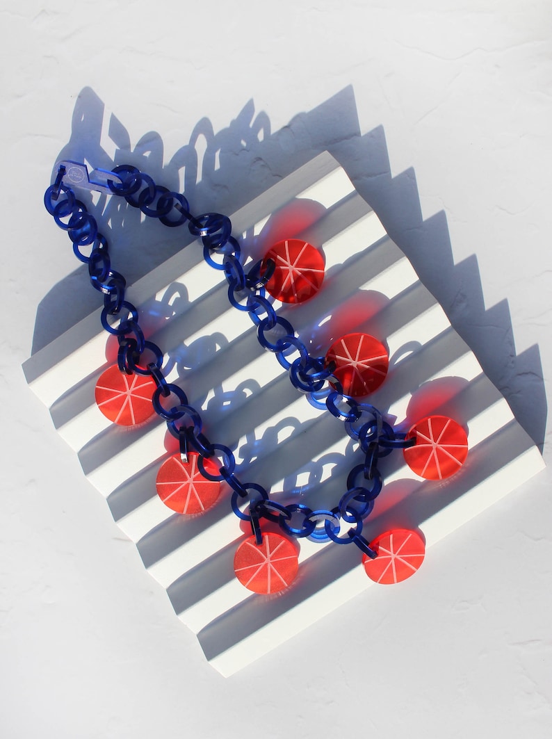 Colourful laser cut necklace Bold statement chain necklace Red and blue jewelry Chunky acrylic Necklace Personalised Gift for Mum image 4