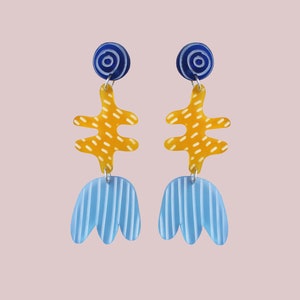 Abstract Stem Earring Blue & Yellow Statement Earrings Floral Earrings Art Jewellery Acrylic Earrings Colourful Laser Cut Jewelry image 3