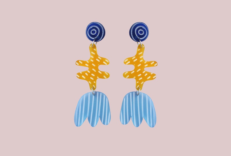 Abstract Stem Earring Blue & Yellow Statement Earrings Floral Earrings Art Jewellery Acrylic Earrings Colourful Laser Cut Jewelry image 3