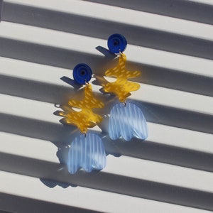 Abstract Stem Earring Blue & Yellow Statement Earrings Floral Earrings Art Jewellery Acrylic Earrings Colourful Laser Cut Jewelry image 4