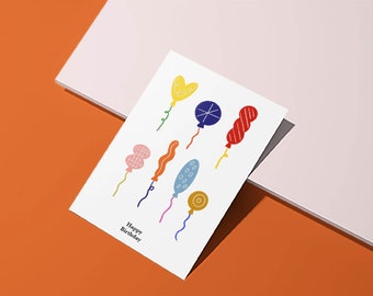 Colourful Balloon Birthday Card - Joyful A6 Illustrated Birthday Card - Happy Birthday Greeting Card - Card for Friend