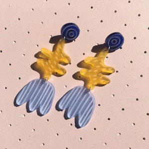 Abstract Stem Earring Blue & Yellow Statement Earrings Floral Earrings Art Jewellery Acrylic Earrings Colourful Laser Cut Jewelry image 5