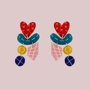 Statement Valentine Heart Earrings - Colourful Acrylic Valentine Earrings - Multicoloured earrings - Love Heart Earrings - Gift for Her