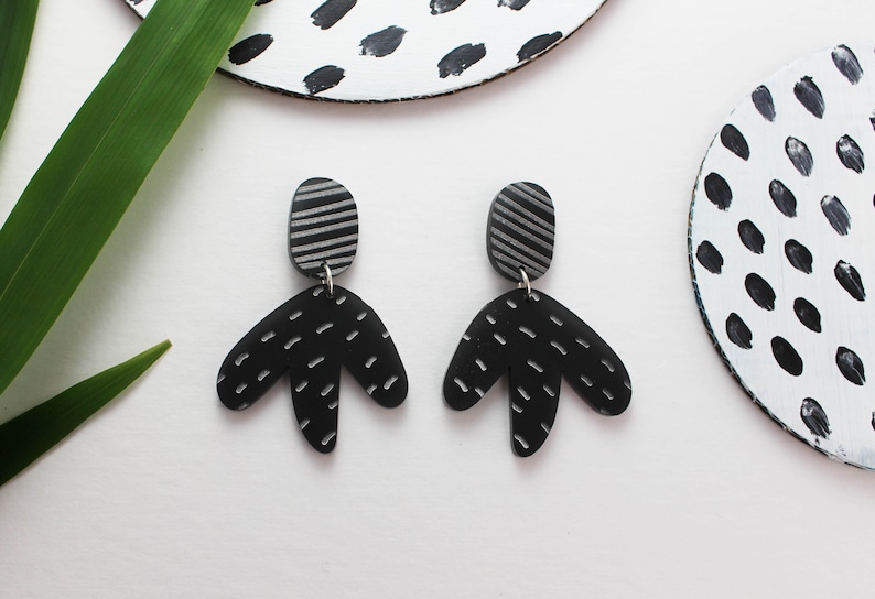 Black Abstract Statement Earring Textured Earring Laser Cut Earrings Acrylic Earrings Unique Earrings Patterned Earrings image 2