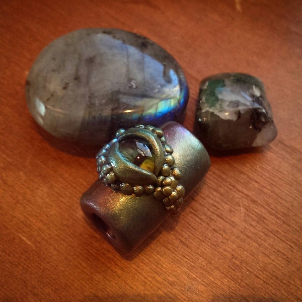 dragon's eye dread bead /// metallic polymer clay dreadlock bead with glass dragon eye