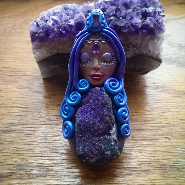 crystal and clay goddess pendant with peacock ore aka chalcopyrite crystal, headchain and third eye amethyst crystal bindi