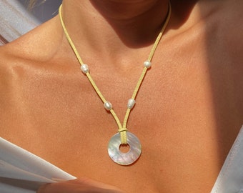 Mermaid Cord Suede Necklace with Shell Disc and Freshwater Pearls