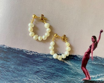 Mini White Freshwater Pearl Flexible Stud Hoop Earrings with Gold Filled Ball Posts - Bridal, Bohemian, Beach Inspired