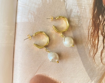 Rome Baroque Pearl Gold Textured Hoop Earrings with Sterling Silver Posts - Boho, Beachy, Classy Jewelry