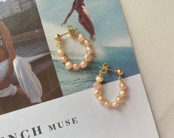 Mini Peach Freshwater Pearl Flexible Stud Hoop Earrings with Gold Filled Ball Posts - Bridal, Bohemian, Beach Inspired