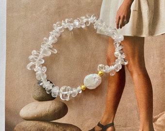 Cape May Diamond Bracelet: Clear Quartz, Freshwater Pearl, Gold Filled