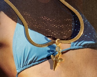 Shark Cove Gold Filled Herringbone Chain Necklace with Labradorite Bezel and Gold Shark Tooth Charm - Ocean Inspired Jewelry