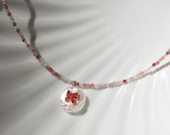 Rosie 2mm Faceted Rose Quartz Beaded Necklace with Freshwater Pearl Pendant