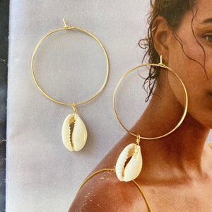 Gold Filled 35mm Wire Hoops with Cowrie Shell Dangle