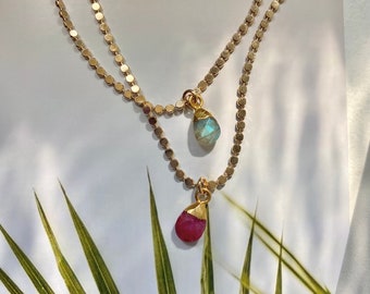 Dahlia Gemstone Pendant Necklace with Dotted Gold Filled Chain - 14” with a 2” Extender