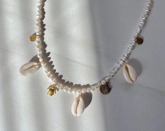 Mermaid Treasures Freshwater Pearl Necklace with Antique Gold Charms and Cowrie Shells