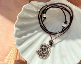 Nautilus Silver Shell Pendant Necklace with Leather Cord and Freshwater Pearl Accents