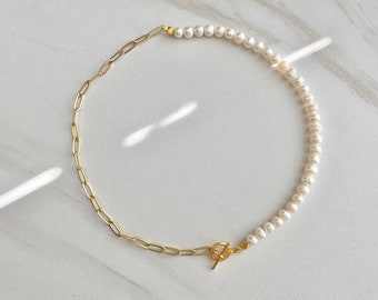 Verona Freshwater Pearl Necklace with Gold Plated Paperclip Chain and Toggle Clasp - Bohemian, Bridal, Beach Inspired