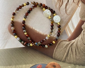 Madagascar Freshwater Pearl Coin Bracelet with 4mm Pietersite and Red Tiger’s Eye Gemstones with Gold Filled Accents
