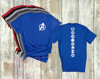 Avengers Shirt • Marvel Superhero Tee • Avengers “A” Pocket Logo • All Avengers Symbols Down Spine • Iron Man • Captain America