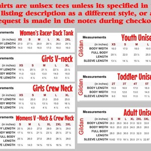 Może przedstawiać: Tabele rozmiar&oacute;w dla koszulek unisex, w tym Women's Racer Back Tank, Girls V-neck, Girls Crew Neck, Women's V-Neck & Crew Neck, Youth Unisex Tee, Toddler Unisex Tee i Adult Unisex Tee. Wymiary w calach.