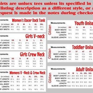 Puede incluir: Un gr&aacute;fico con informaci&oacute;n de tallas para camisetas de la marca Gildan. El gr&aacute;fico incluye medidas para camiseta de tirantes para mujer, cuello en V para ni&ntilde;a, cuello redondo para ni&ntilde;a, cuello en V y cuello redondo para mujer, camiseta unisex para j&oacute;venes, camiseta unisex para ni&ntilde;os peque&ntilde;os y camiseta unisex para adultos. Las medidas se indican en pulgadas para la longitud del cuerpo, el ancho del cuerpo, la longitud total del cuerpo y la longitud de la manga.