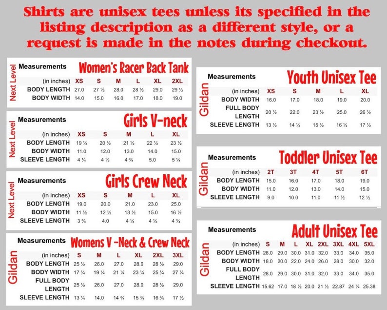 Puede incluir: Un gr&aacute;fico con informaci&oacute;n de tallas para camisetas de la marca Gildan. El gr&aacute;fico incluye medidas para camiseta de tirantes para mujer, cuello en V para ni&ntilde;a, cuello redondo para ni&ntilde;a, cuello en V y cuello redondo para mujer, camiseta unisex para j&oacute;venes, camiseta unisex para ni&ntilde;os peque&ntilde;os y camiseta unisex para adultos. Las medidas se indican en pulgadas para la longitud del cuerpo, el ancho del cuerpo, la longitud total del cuerpo y la longitud de la manga.
