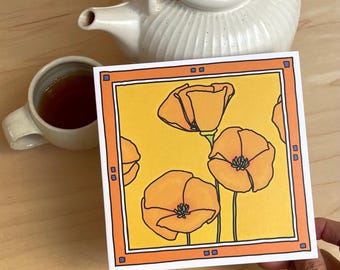 Square California Poppy Greeting Card/Botanical Art Card/Artist Illustrated Blank Card