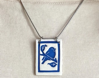 Porcelain Bird Necklace in Blue/Handmade Bird Lover Necklace