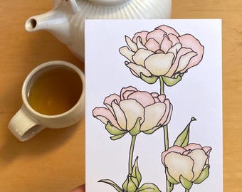 Butterfly Ranunculus Greeting Card/Artist Designed and Illustrated Card/Blank Card for Any Occasion
