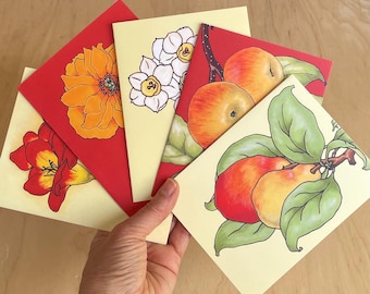 Fruit and Flowers Greeting Card Pack/Artist Designed and Illustrated Card Set/Botanical Art Muti-Card Pack