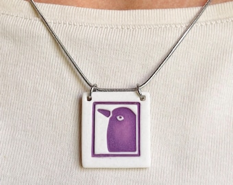 Porcelain Bird Necklace in Purple/Handmade Bird Lover Necklace