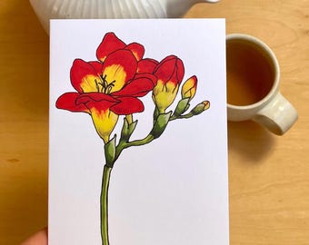Freesia Flower Greeting Card/Botanical Illustration Art Card/Blank Card for Any Occasion