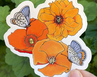 Poppies and Butterflies Sticker/Artist Illustrated Decal/Waterproof 4” Floral Sticker