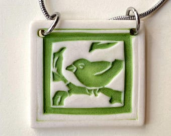 Porcelain Bird Necklace in Green/Handmade Bird Lover Necklace