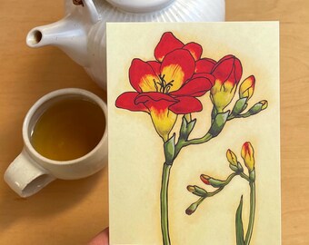 Freesia Flower Greeting Card With Yellow Background/Botanical Illustration Art Card/Blank Card for Any Occasion