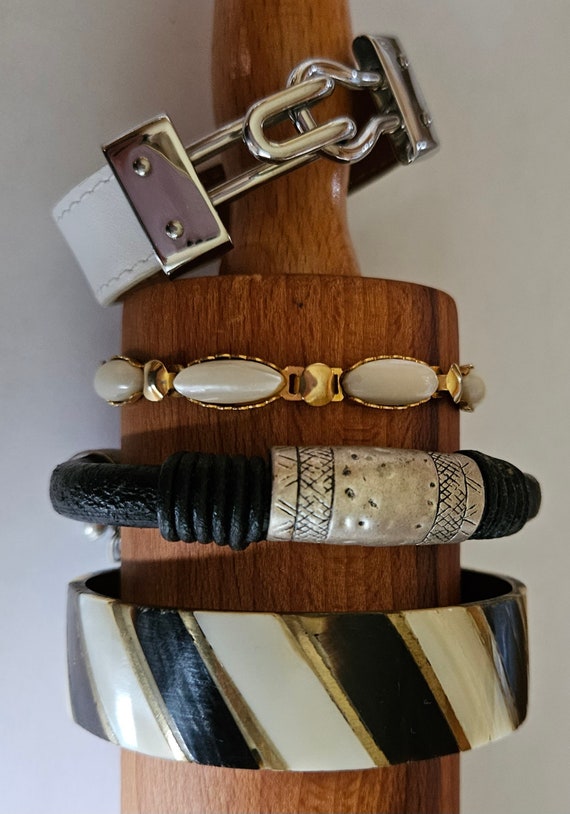 Black & White Bracelet Lot: Shell Bangle, Leather… - image 1