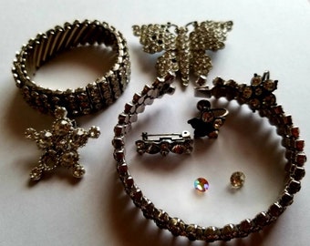 Vintage Rhinestone Jewelry Destash Lot: Repair or Repurpose