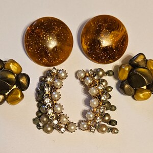 Vintage Clip On Earrings: Rhinestone, Pearl, Beaded - 3 Pairs