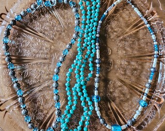 Blue Glass Bead Necklace Set: Crackle, Cut Glass & Pearl
