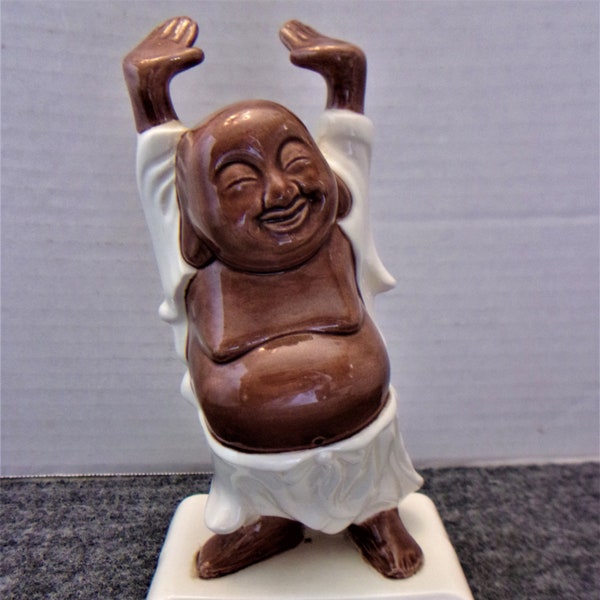 Hotei Laughing Buddha Figurine Hands Raised Vintage Ceramic Signed Asian Feng Shui Home Decor Luck, Wealth and Good Fortune