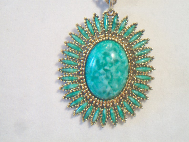 Vintage Celebrity Faux Jade Pendant Necklace Green Petit Point Costume Jewelry