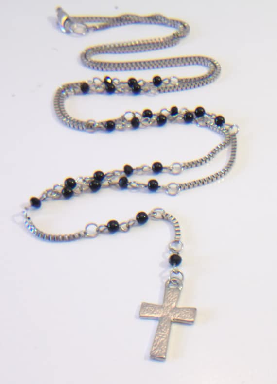 Vintage Black Beaded Rosary Bead Necklace Religiou