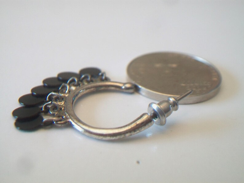 Petite Hoop Earrings Black Dangling Discs Gypsy Boho Costume Jewelry Silver Tone Fashion Accessories For Her