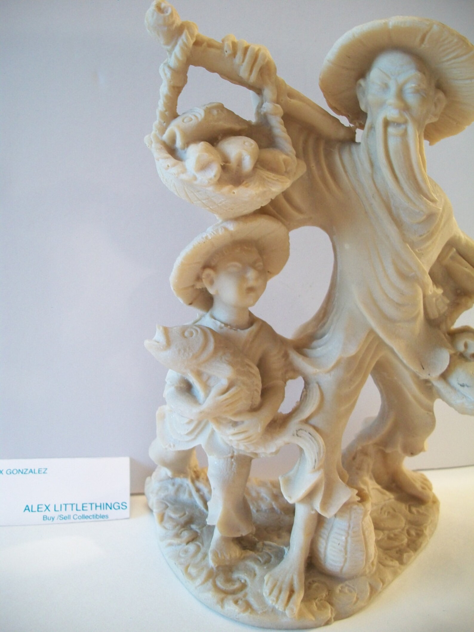 02F12 ANCIENNE SCULPTURE EN BOIS STATUE PÊCHEUR CHINOIS CHINE